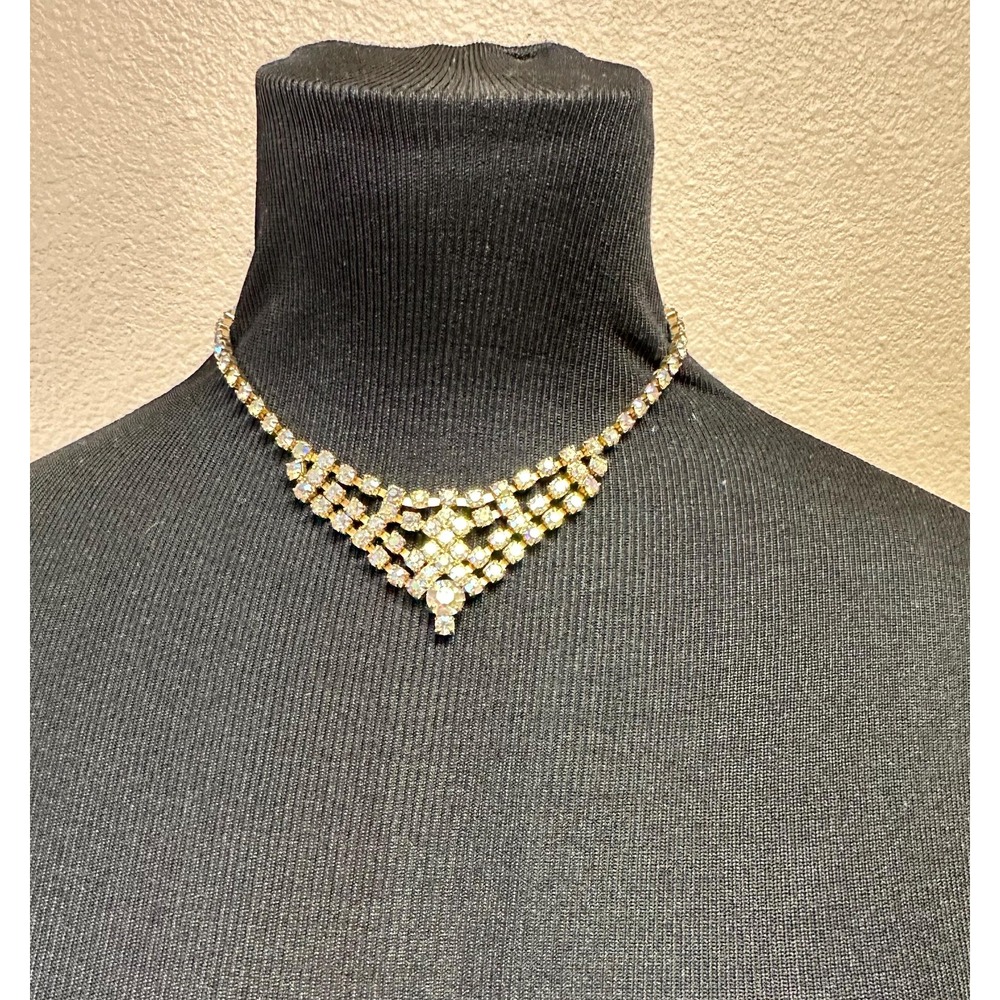 Vintage 1960's gold tone costume cascading necklace Aurora Borealis rhinestones